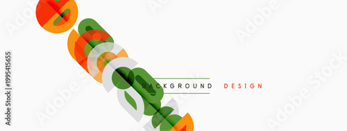 Abstract geometric shapes overlap, creating dynamic visual effect. Orange, green, gray hues dominate composition. Minimalist design.