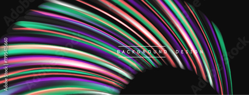 Abstract fluid lines create vibrant, colorful arc. Dynamic shapes suggest movement, depth, modern aesthetic. Black background emphasizes design.