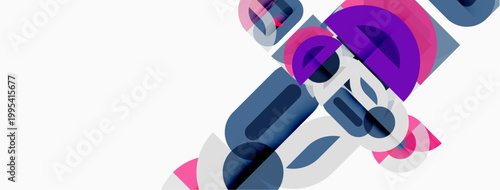 Abstract geometric shapes overlap, creating dynamic visual effect. Purple, blue, pink hues dominate white background. Modern design.