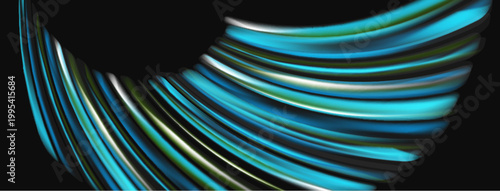 Abstract flowing lines create dynamic shape. Blue, green hues dominate dark background. Smooth gradients suggest movement, depth.