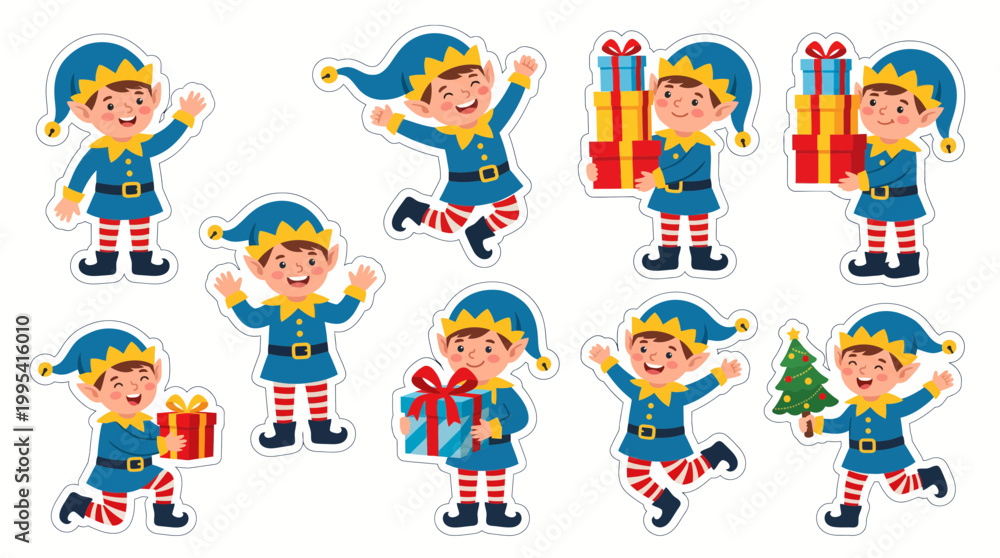 Fototapeta premium Set of cute cartoon Christmas elf character stickers in blue outfits holding gift boxes and celebrating, concept for holiday scrapbooking, festive greeting cards and winter season marketing