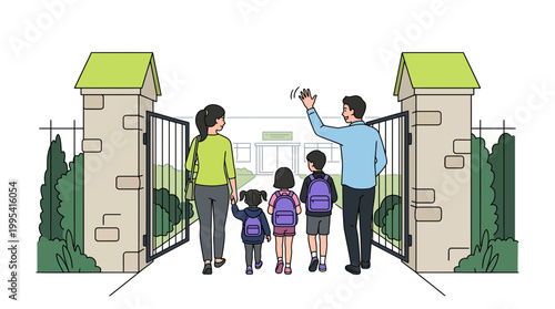 Professional parents walking children students to school building through open gates with businessman father waving hand, concept for primary education, family lifestyle and parenting support