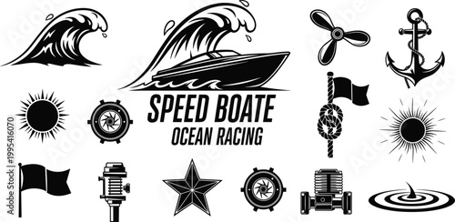 Speed Boat Ocean Racing Icons Set with Wave Anchor Symbols