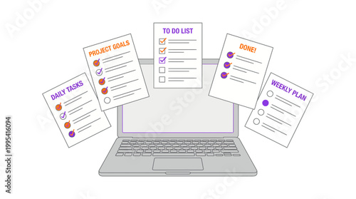 Illustration of laptop with floating business checklists for project goals daily tasks and weekly planning, concept for project management, entrepreneur productivity and office workflow