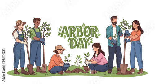 Illustrated design for Arbor Day featuring a diverse group of people planting trees in a field, promoting environmental conservation and reforestation with a hand-drawn look and a hopeful