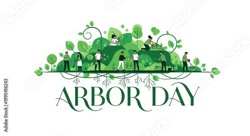 A vibrant vector illustration celebrates Arbor Day with stylized figures planting trees and tending to the environment, set against a clean white background with lush green foliage