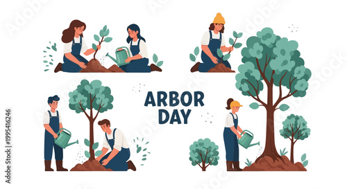 Fotografía Illustrated vector scene depicting people planting trees for Arbor Day, showcasi