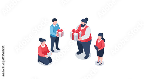 Isometric illustration of people exchanging gifts during the holidays.