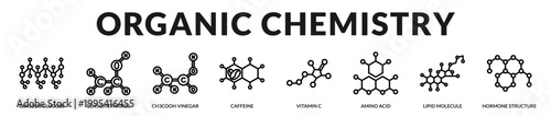 A specialized banner illustrating organic compounds and biochemical molecules essential for life in Lineal Icon Style