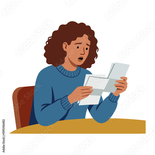 Woman shocked reading letters sitting desk indoors