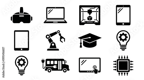 Modern technology and innovation black vector icons set representing digital future on white background, concept for educational tech, industrial automation and smart gadgets