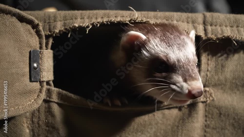 Curious ferret peeking out of a pocket, adorable animal portrait.