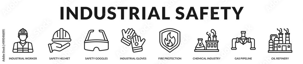 Obraz premium A high-quality banner emphasizing industrial safety standards and protective equipment in hazardous environments in Lineal Icon Style