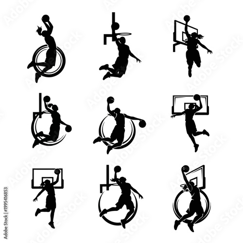Basketball player silhouettes in dynamic action poses