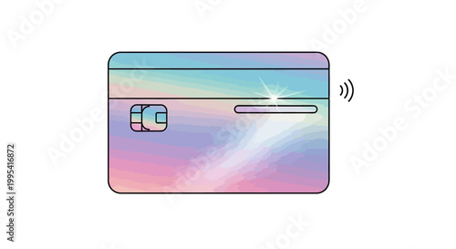 Modern iridescent contactless credit card with chip symbol on a clean white background for digital