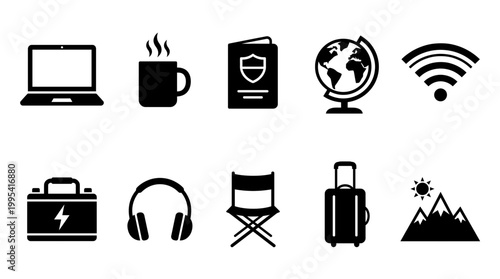 Set of black travel and remote work icons including laptop, coffee, passport, globe, wifi, battery, headphones, chair, suitcase and mountains, concept for digital nomad, travel and adventure