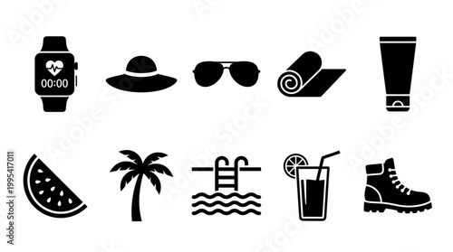 Set of summer vacation and travel icons including smartwatch, sun hat, sunglasses, yoga mat, sunscreen, watermelon, palm tree, pool, concept for holiday planning, beach marketing and travel guide