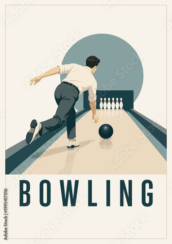 080-29-Man in retro illustration style releasing a bowling ball on a lane