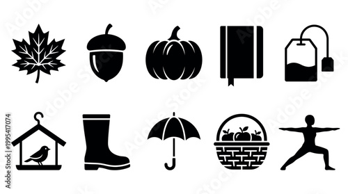 Black autumn icon set with maple leaf, acorn, pumpkin, book, tea, birdhouse, boot, umbrella, basket and yoga silhouette, concept for executive health, employee wellness and seasonal branding