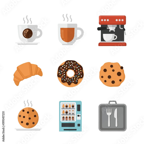 Collection of breakfast food and drink items.