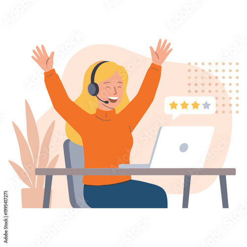Woman wearing headset sitting at desk with laptop happily raising arms in office