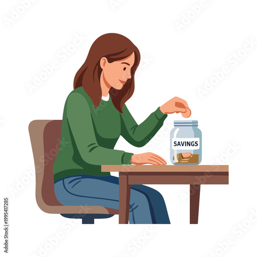 Woman sitting puts coins into savings jar on table indoors.