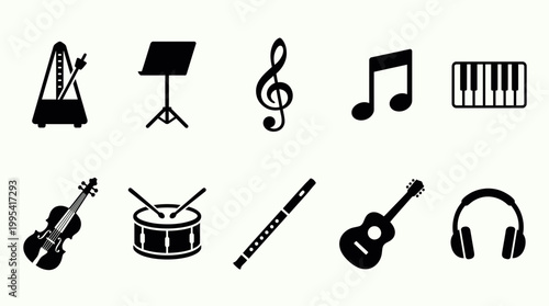 Musical instrument and equipment icon set with violin guitar drum flute piano keys metronome headphones and treble clef, concept for music education, website interface and mobile app design