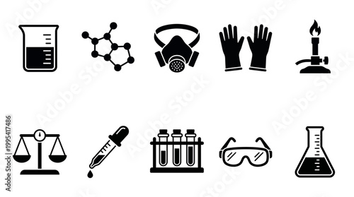 Collection of chemical laboratory equipment icons featuring beaker molecule respirator gloves burner scale pipette test tubes goggles and flask, concept for research, science and pharmacy