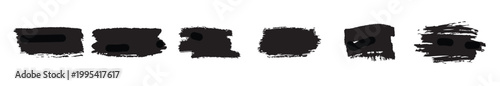 Ink brush stroke set, black grunge smear collection. Black dried paint splattered in dirty style. Isolated black ink stencils for graphic design, text fields brush strokes,  vector illustration.