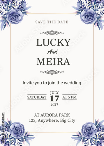 Elegant Save the Date Wedding Invitation Card with Watercolor Floral Vintage Border