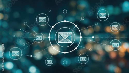 Connected communication network visualizing distributed messages and information sharing across various platforms and systems