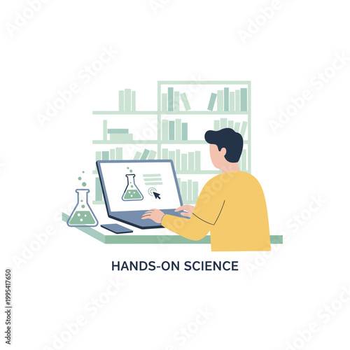 Scientist At Computer Conducting Hands On Science Work.