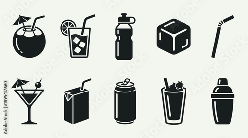 Minimalist flat black icons of various beverages including coconut cocktail soda can water bottle and shaker, concept for restaurant menu design mobile app interface and beverage branding