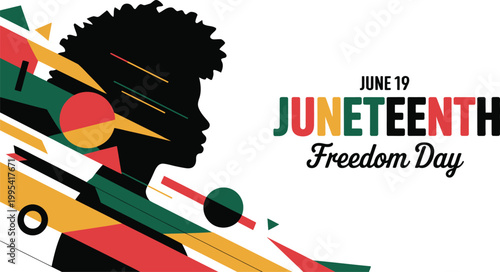 Juneteenth Freedom Day design, June 19 celebration banner with African American silhouettes and colorful red yellow green geometric abstract background vector illustration.