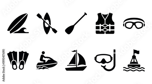 Set of flat black water sports icons including surfboard, kayak, life vest, goggles, jet ski, sailboat, snorkel mask and buoy, concept for nautical travel, aquatic recreation and summer adventure
