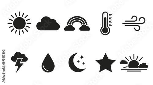 Set of black weather icons with sun cloud rainbow thermometer wind lightning and raindrop symbols on white background, concept for meteorology forecast, mobile app and infographics design