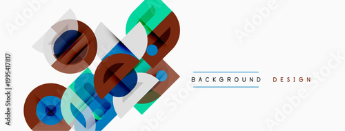 Abstract geometric shapes overlap, creating vibrant visual texture. Blue, red, green hues dominate design. Minimalist style.