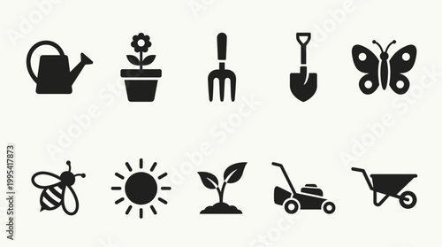 Minimalist black gardening icon set featuring essential tools, plants and insects on a clean white background, concept for garden planning, outdoor landscaping and agricultural maintenance