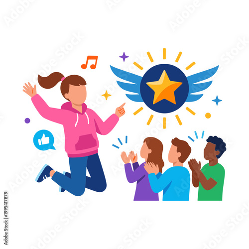 Happy people celebrate achievement with shining star award