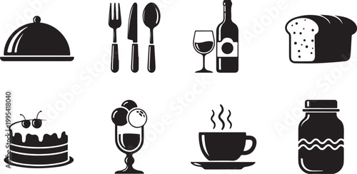 Black and white food and drink icons set isolated on transparent background, Vector