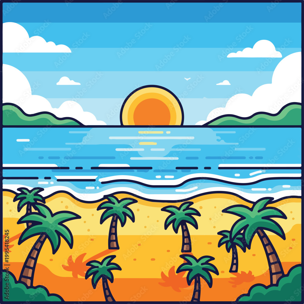 Fototapeta premium A vibrant cartoon beach scene with a setting sun