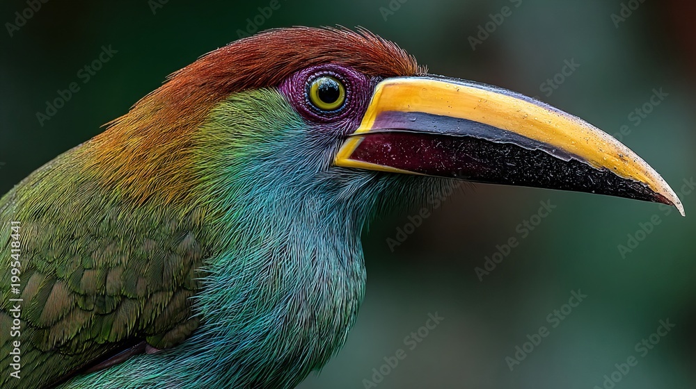 Obraz premium Stunning Detailed Close-up Portrait of a Vibrant Colorful Tropical Toucan Bird in Nature