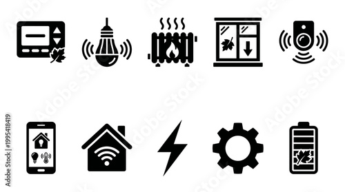 Set of black smart home energy saving icons with thermostat light bulb and battery on white background, concept for house automation interface, sustainable living and efficient heating system