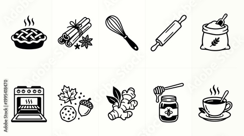 Baking and autumn kitchen line art icons including hot pie, cinnamon sticks, whisk, rolling pin, flour, oven, honey and coffee, concept for bakery branding, menu and culinary workshop