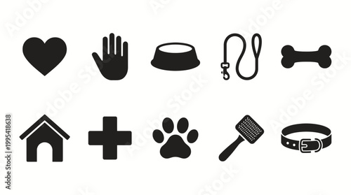 Black silhouettes of pet care icons including paw print, dog house, collar, leash and veterinary cross on white background, concept for pet shop branding, clinic icons and animal care apps