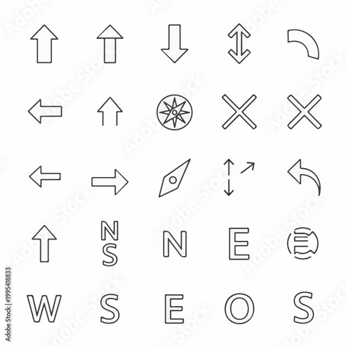 A large collection of minimalist black line art icons representing navigation arrows compass directions and simple geometric shapes for design
