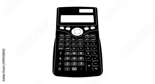 A black and white vector graphic illustration of a scientific calculator on a plain background