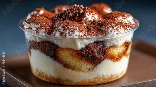 Delicious Authentic Italian Tiramisu Dessert with Layered Cream, Ladyfingers, and Cocoa Powder in Clear Plastic Cup