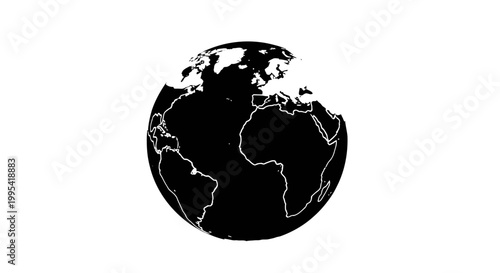 A black and white vector graphic illustration of the Earth with a minimalist design