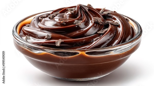 Isolated Decadent Dark Chocolate Pudding Swirl with Sprinkles in Elegant Clear Glass Bowl